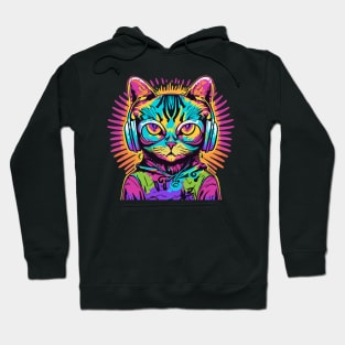 t-shirt design, colorful cat with headphones on, graffiti art psychedelic art, black background, synthwave, colorful Hoodie